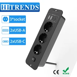 EU Built in Power Strip Desktop Recessed Socket with 2 USB 2 Type C Fast charge, Multi-Contact Outlet with 2M Extension Cable