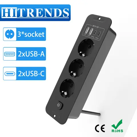 Inbyggt EU-grenuttag för skrivbord, infällt uttag med 2 USB 2 Typ C snabbladdning, multikontaktuttag med 2M förlängningskabel 10 best sales skrivbordsuttag - №9