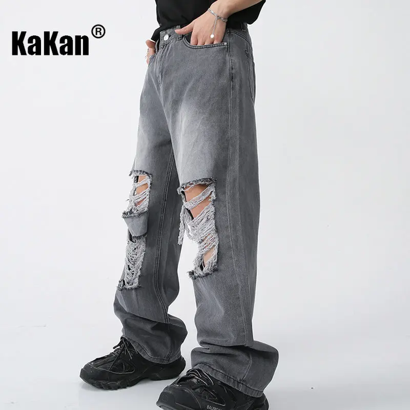 Kakan - American Style New Street Style Distressed Jeans for Men, Trendy Loose Fitting Straight Leg Wide Leg Long Jeans K50-473