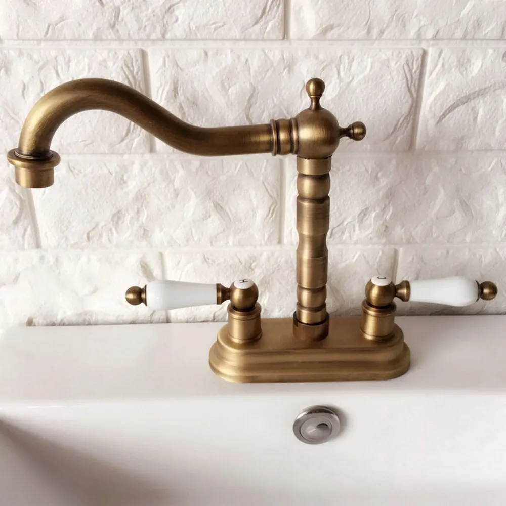 Antique Brass 4" Centerset Bathroom Sink Faucet Swivel Basin Mixer Tap Dual Ceramic Handles Levers man065 image 6