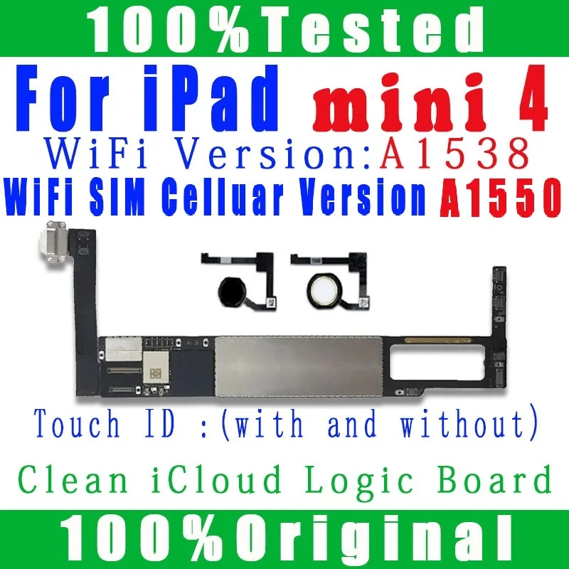 Free ICloud Free Unlocked Motherboard For IPad mini 4 Logic Boards A1538  A1550 With Full Chips With Systems ﻿