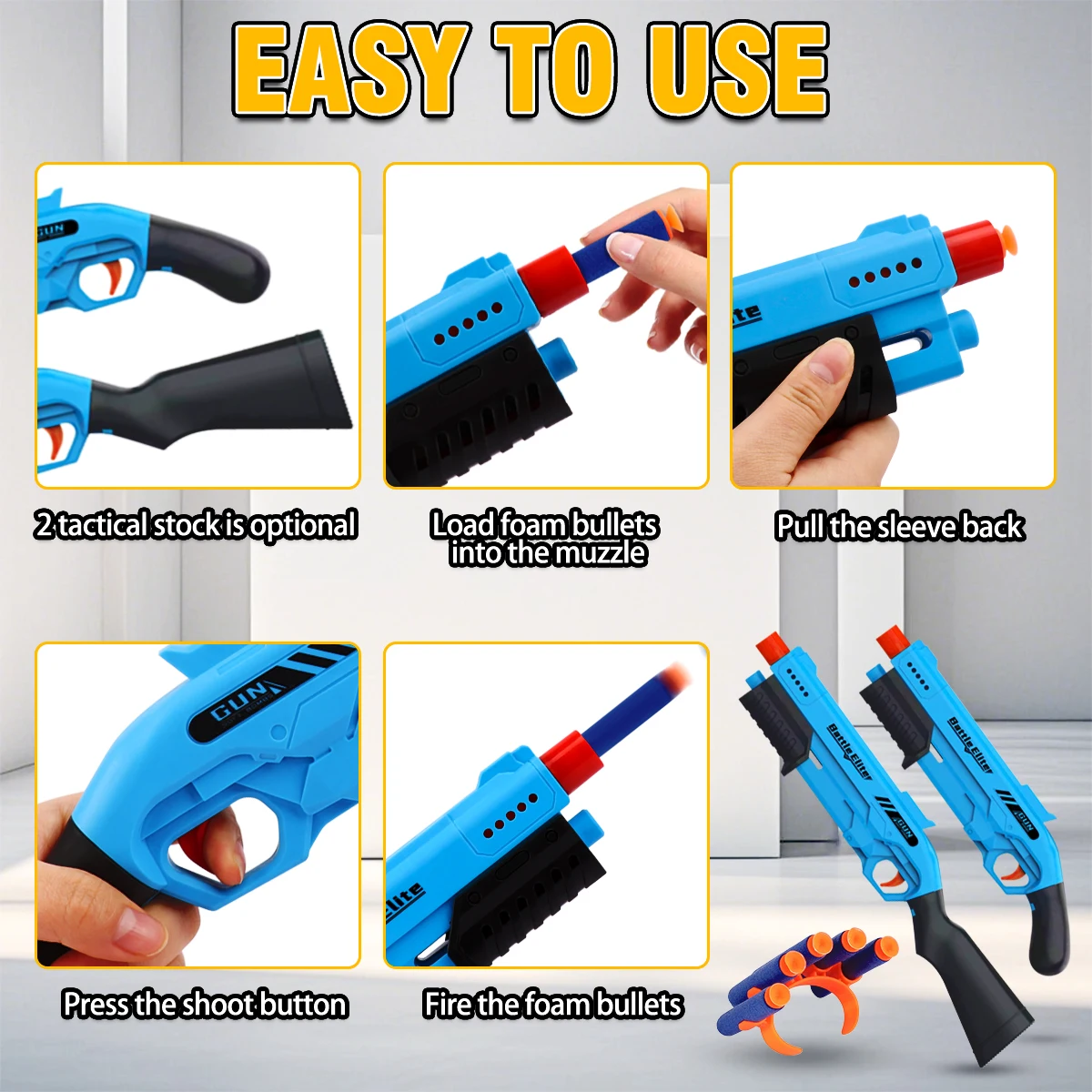 Pistola per freccette in schiuma manuale per bambini all'aperto con doppi manici Munizioni sicure Soft Bullet Multi colori per bambini
