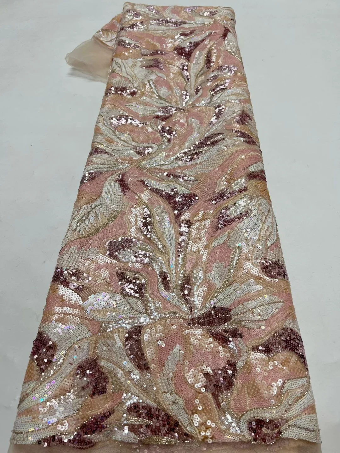 French Tulle Lace Fabric High Quality Beaded Nigerian Sequins Floral Embroidery for Sewing Short wedding dress 5 yards