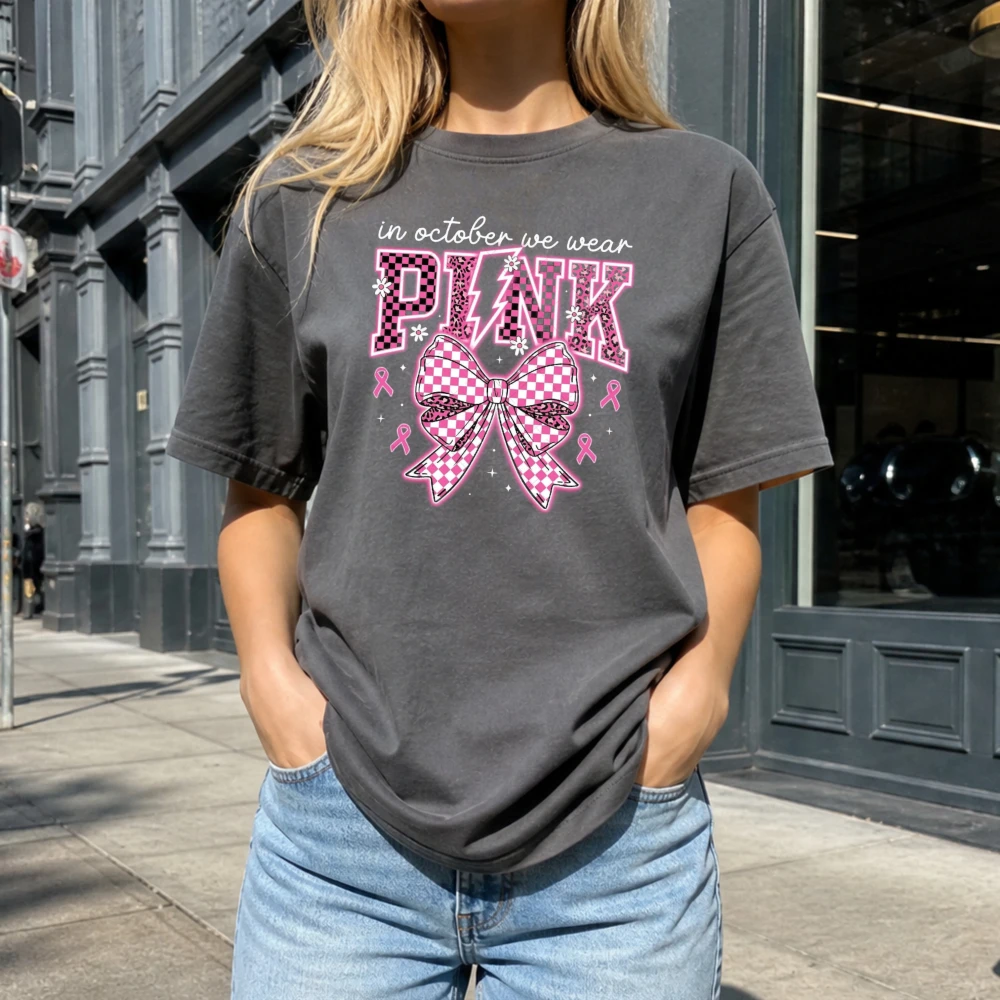 Checkered Bow October We Wear Pink T Shirt Women Breast Cancer Awareness Gift Pretty Ribbon Graphic Shirt