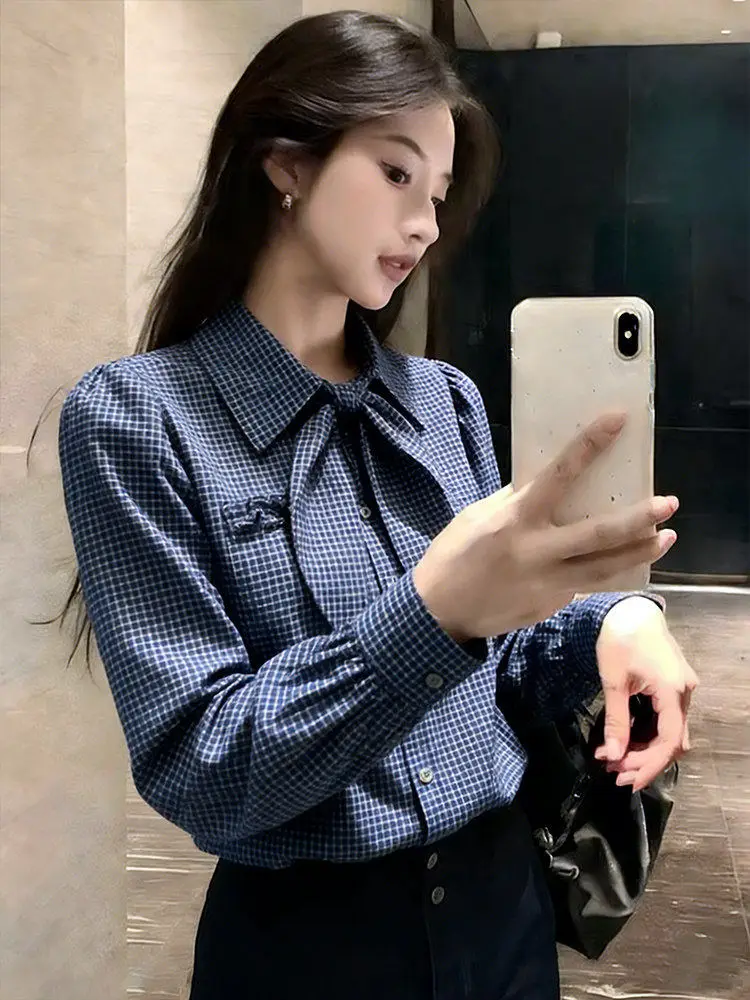 

Faionable Slimming Plaid Tie irt Women's Winter New Hong Kong Sle Retro Versatile Flip Collar Blouse Polyester Fiber