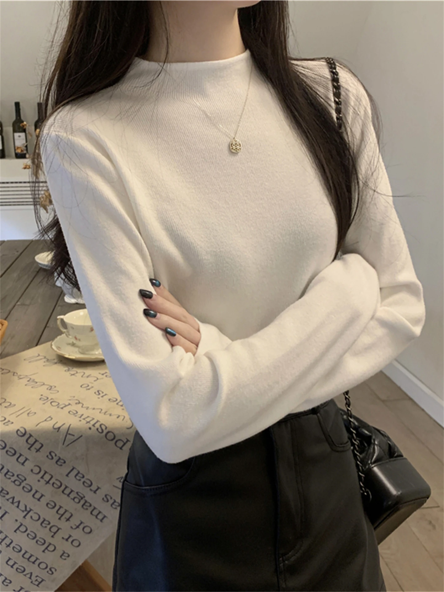 Mint Wave a Gestricktes langes Sve-Thermooberteil mit hohem Kragen und weichem, gemütlichem Innenbekleidungs-T-Shirt für Damen