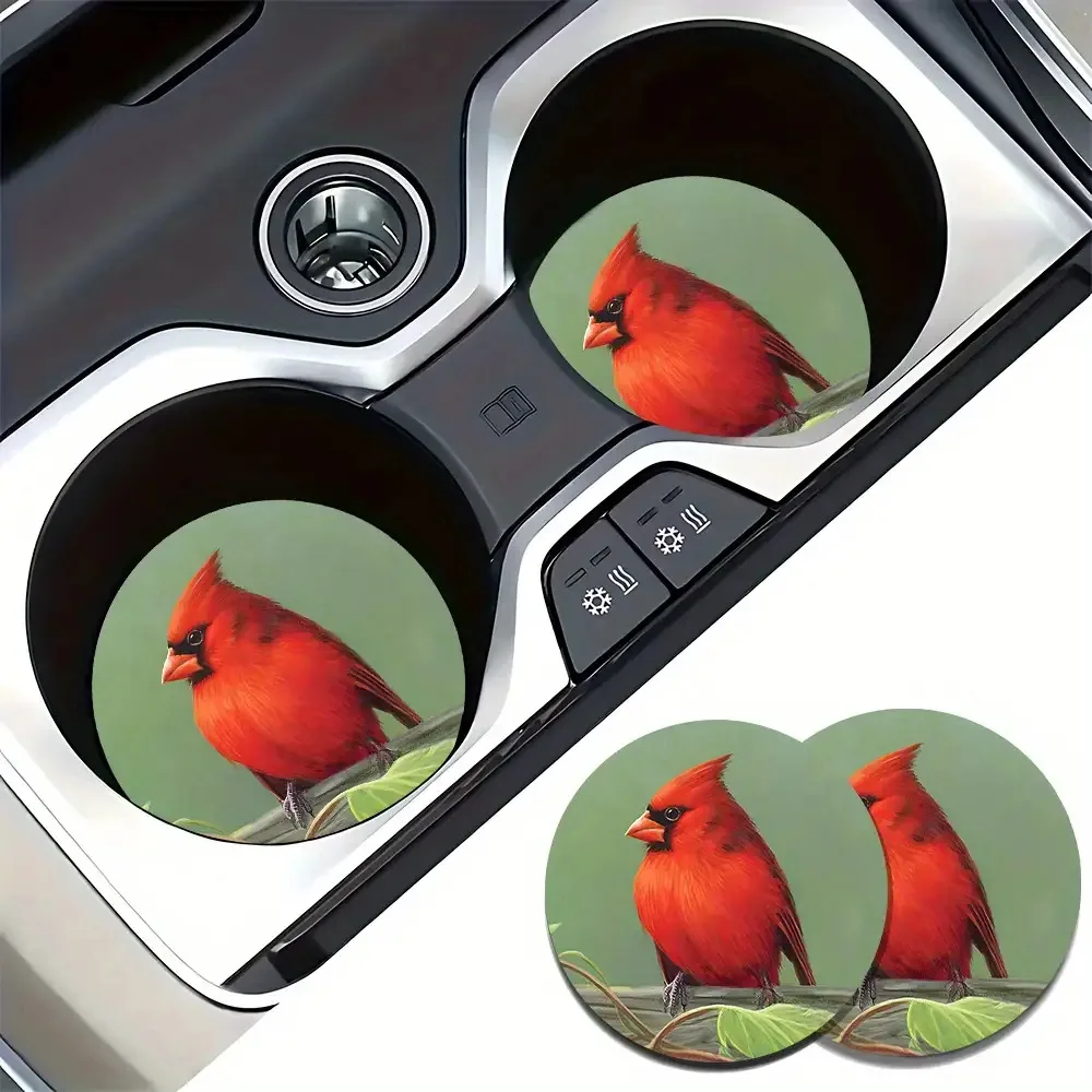 2-Pack Bird Design Car Cup Coasters | Northern Cardinal Oil Painting Pattern, Non-Slip Red And Green, Suitable For Bird Enthusia