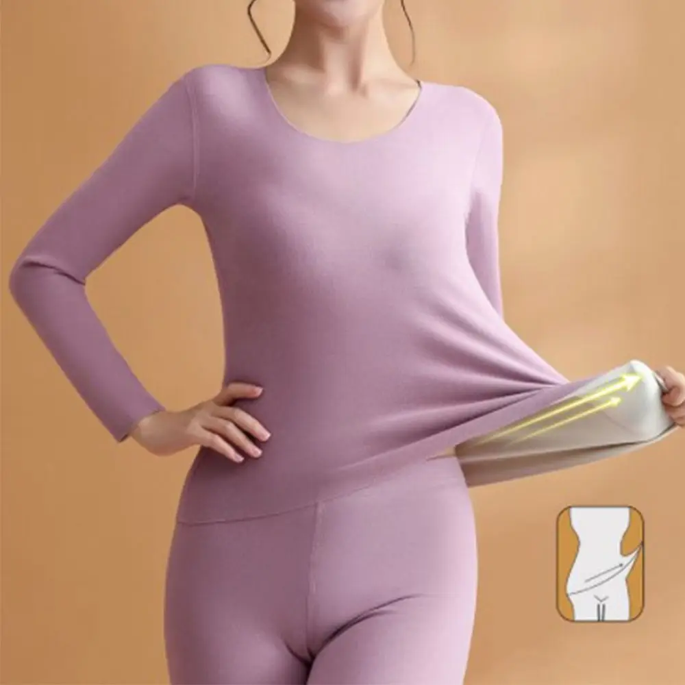 

Warm Seamless Solid Color O-Neck T-Shirt Pants Women Thermal Underwear Long Johns Set Korean Style Sleepwear Elastic Underwear