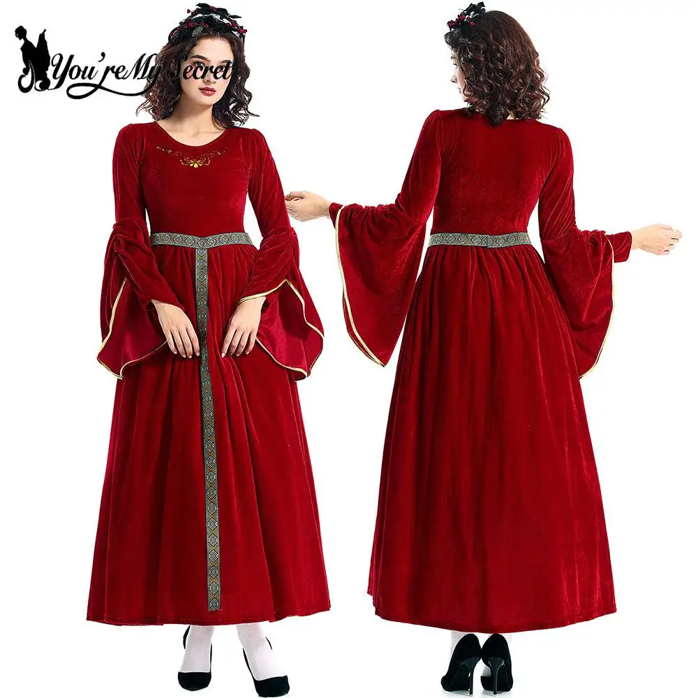 [You're My Secret] Women Medieval Costume Halloween Court Ball Flared Sleeve Princess Dress Cosplay Stage Performance Costume