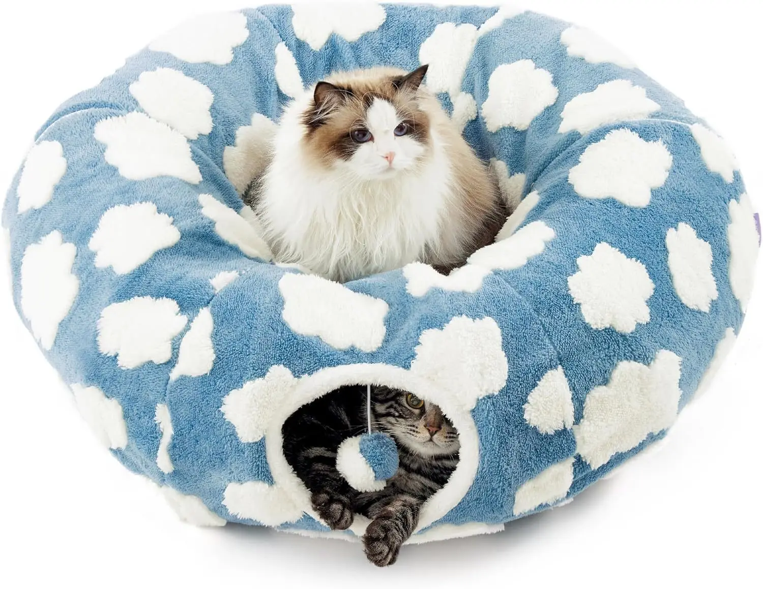 FurStarFluffy Collapsible Cat Tunnel Frosted Pastel Cloud Donut Design Cozy Play Hideout Cat House Bed Combo for Kittens Cats