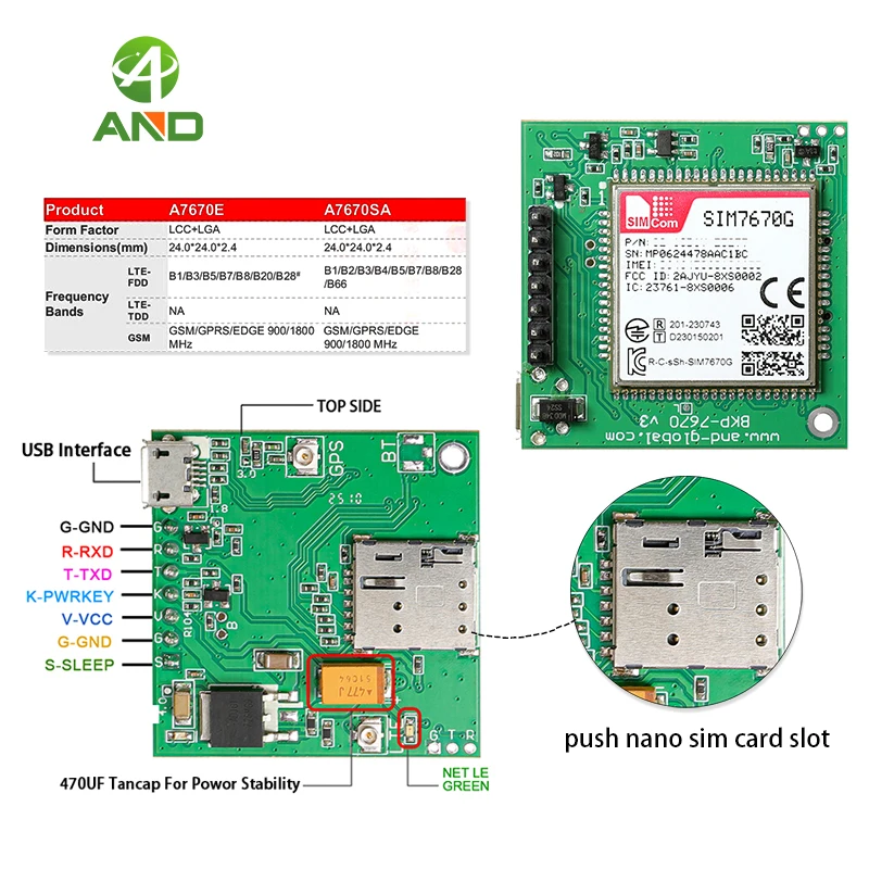 1pc New Push Nano SIM Slot SIM7670G Development LTE Cat1 Qualcomm