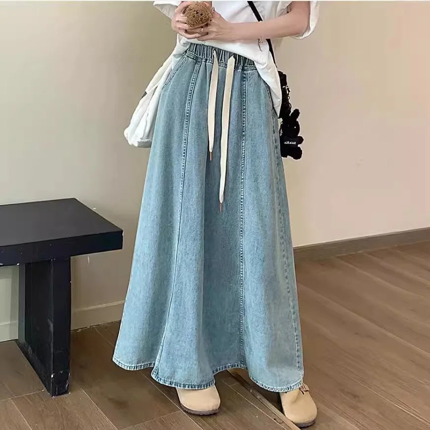 

S-XL 2Colors Long Denim Skirt 2024 korean style High Elastic Waist Lace Up A Line Ball Grown Long Jeans Skirts Style