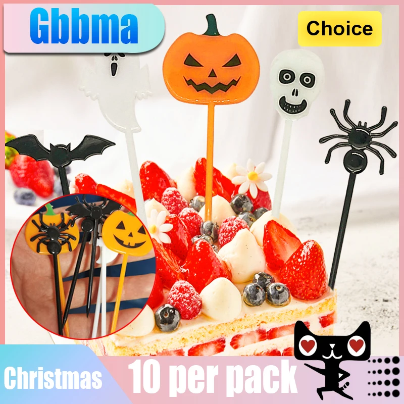 

10PCS Plastic Halloween Toothpicks Halloween Cupcake Topper Ghost Bat Spider Fruit Toothpicks Halloween Party Cake Decorations