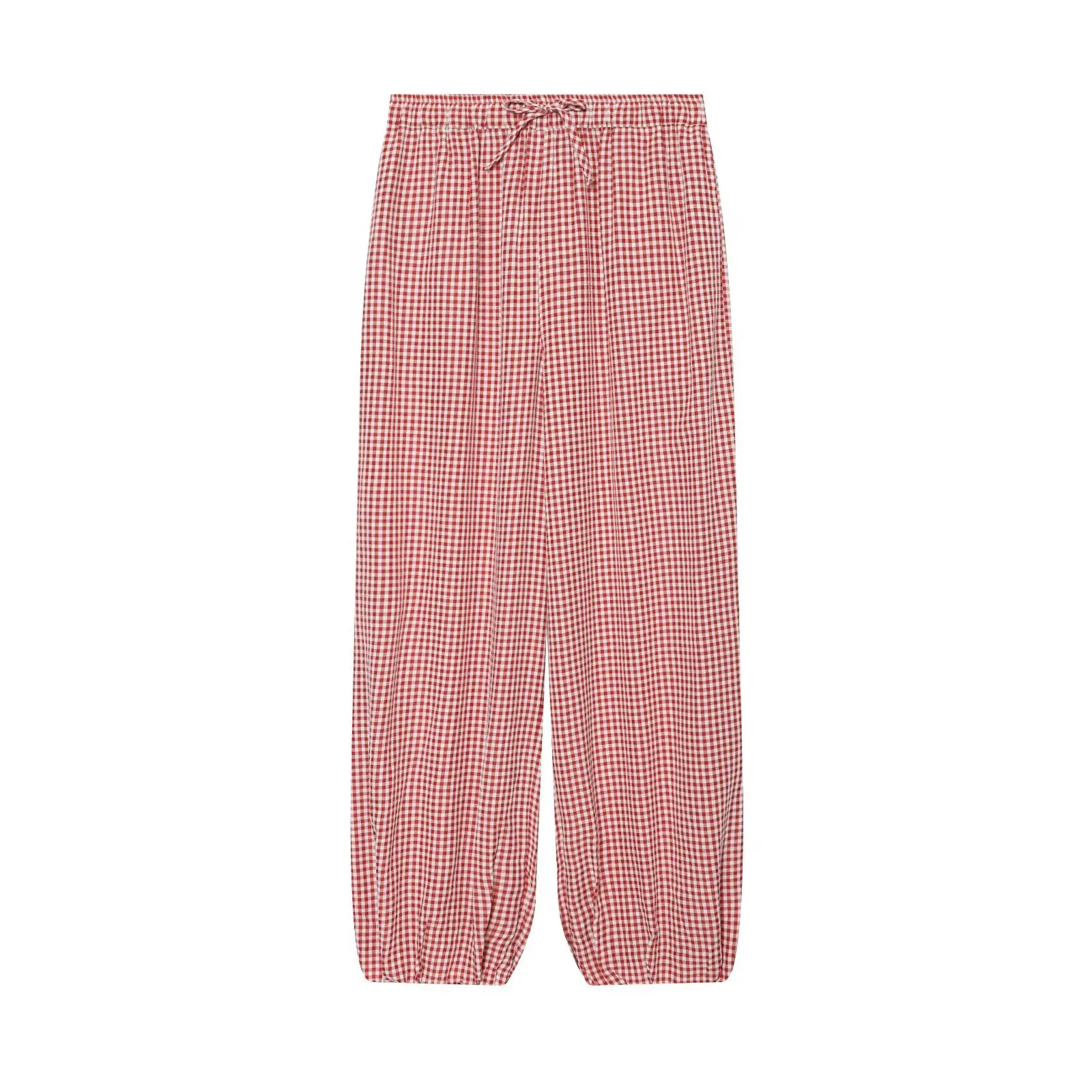 BSAY Summer Women Minimalist Vintage Gingham Harem Pants Elastic Drawstring Waist Loose Cuffed Ankle-Length Soft Casual Trousers