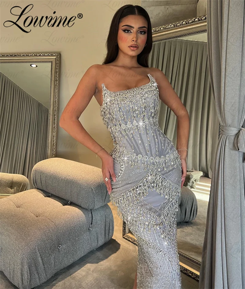 Luxury Silver Celebrity Dresses Strapless Crystal Mermaid Prom Dress Arabic Customized Evening Gowns Beaded Wedding Party Dress