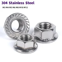 304 Stainless Steel Hexagon Flange Nut M3 M4 M5 M6 M8 M10 M12 Flange Lock Nuts Anti Slip Self-Locking Nut With Tooth DIN6923