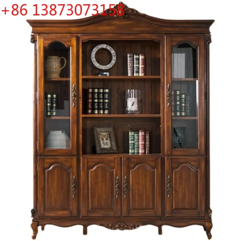 LJYAmerican Country Style Solid Wood Bookcase Four-Door Large Capacity Bookshelf Study Storage Cabinet