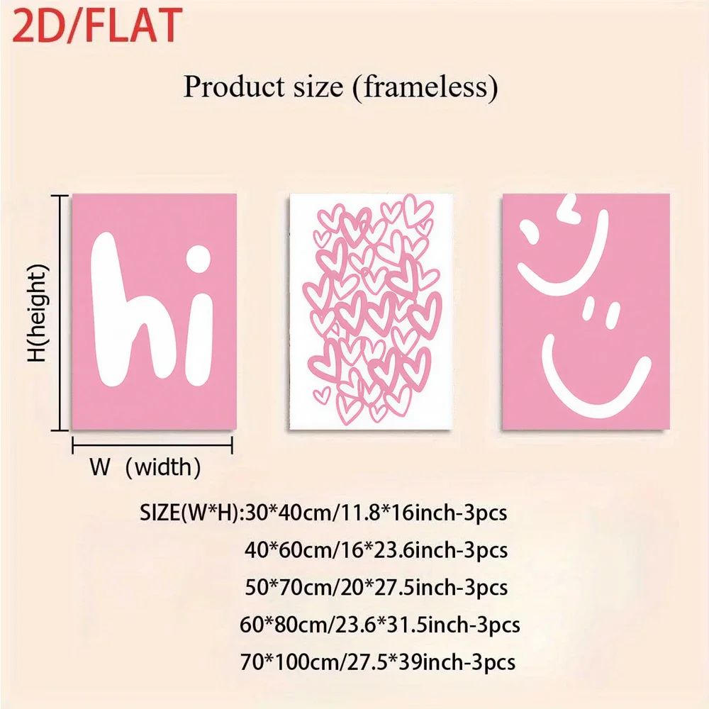 Multiple sizes 3pc frameless Canvas Painting One set of pink-themed frameless three-panel decorative paintings featuring warm sm
