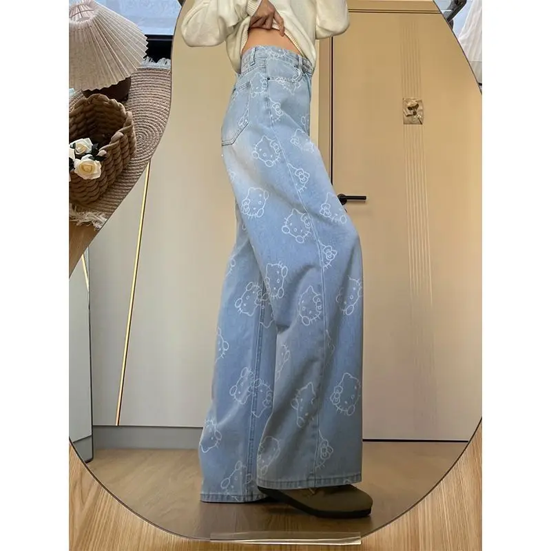 

Женские прямые джинсы Hello Kitty в американском стиле с полным принтом, новинка 2025 года, свободные широкие брюки длиной до пола с милым котом