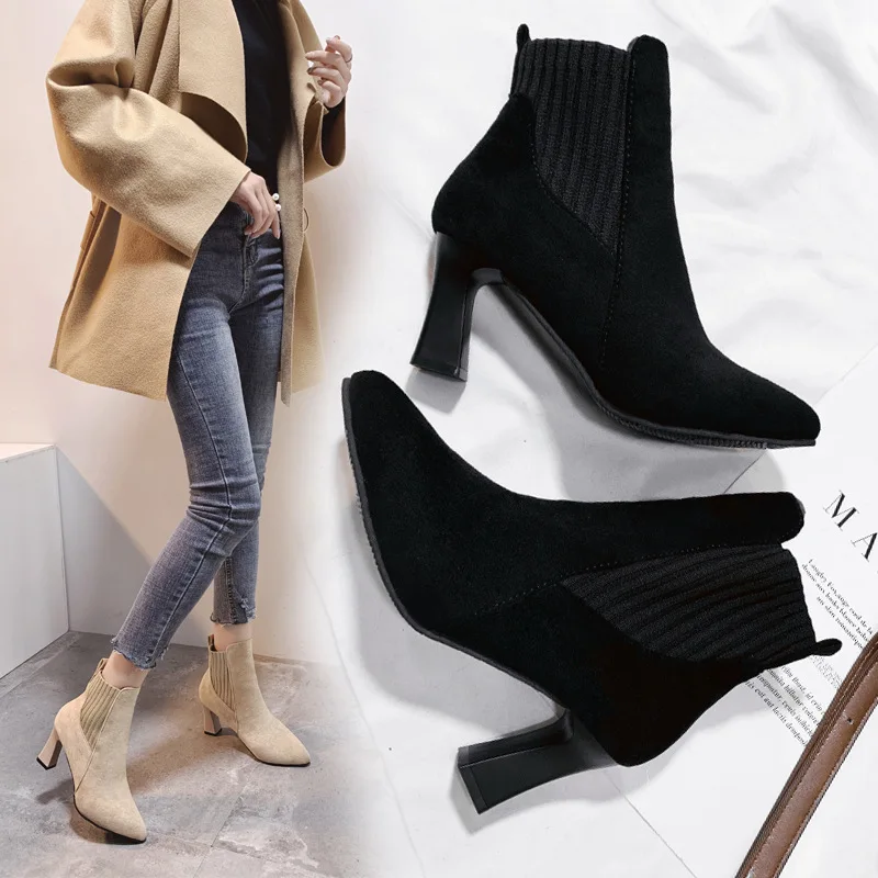 Ankle Boots Women Autumn Pointed Toe Knitted Warm Elastic Women\'s Shoes Shoes Casual High Heels Platform Boots Botas De Mujer