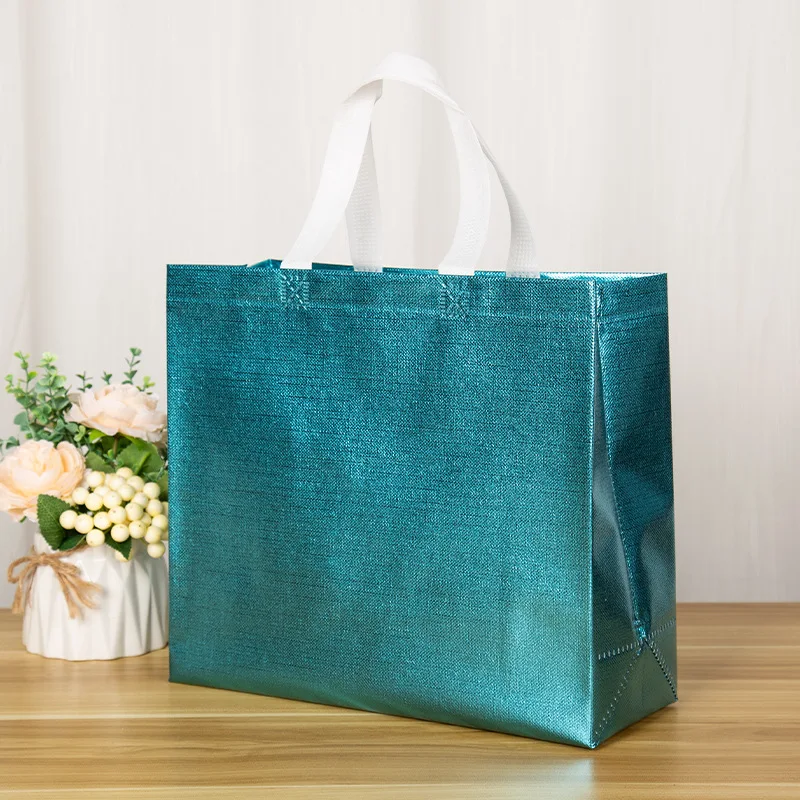 Bolsas de compras no tejidas, bolso de compras reutilizable con láser brillante, bolso de mano con asa, bolsa de regalo con purpurina, paquete de