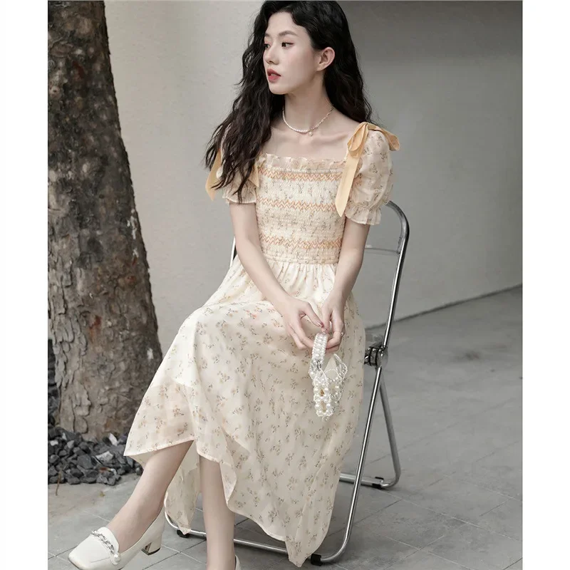 2024 New Summer Dress Women's Design Sensibility Niche French Vintage Sweet Gentle Style Floral Dress