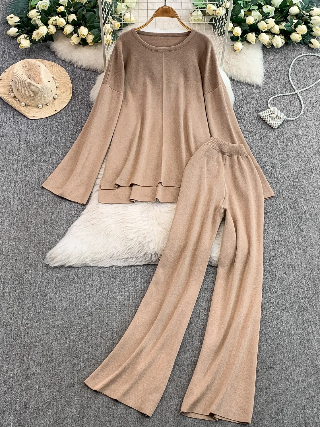 Conjunto de calças largas de cintura alta com sino sve cor pura cobrindo o bumbum top casual solto ajuste faion conjunto para mulher