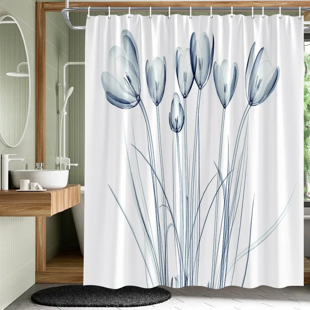 Plant Leaves Flower Shower Curtains Set Garden Floral Drum Tower Fabric Bathroom Decor Splash Resistant Partition Bath Curtains