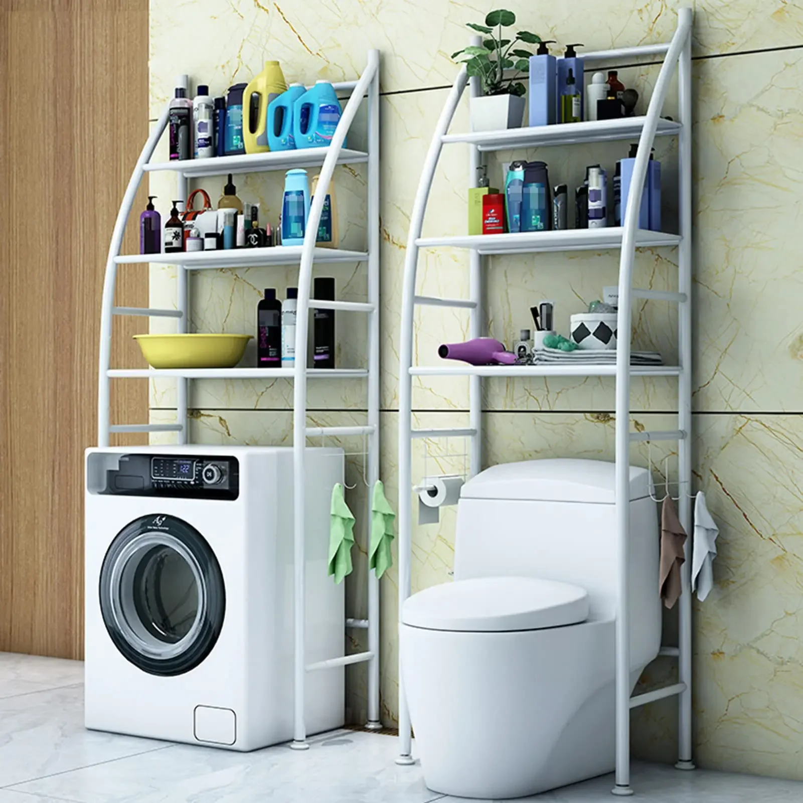 Bathroom Shelving Unit, Toilet and Washing Machine Storage Rack, Wall-Mounted Design without Drilling Holes