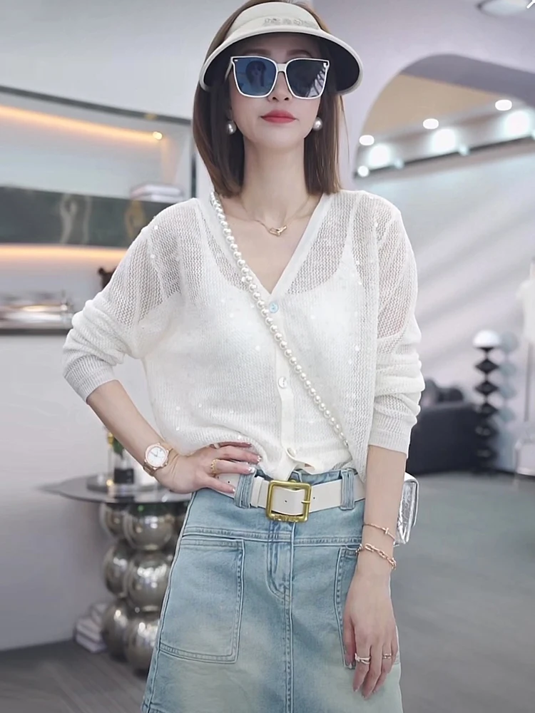 

Женская утягивающая одежда V-Ne Long Sve для защиты от солнца, повседневный топ с тонкими рукавами и блестками, свободный крой для поездок на работу