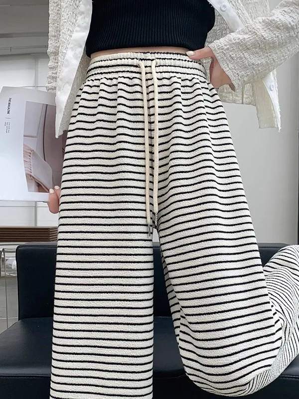 กางเกงขายาวทรงตรงขากว้าง ผ้าเนื้อนุ่ม สวมใส่สบาย สำหรับผู้หญิง ฤดูใบไม้ร่วง ฤดูหนาว เอวสูง ทรงหลวม ช่วยพรางหุ่น สไตล์ลำลอง ยาวคลุมเท้า