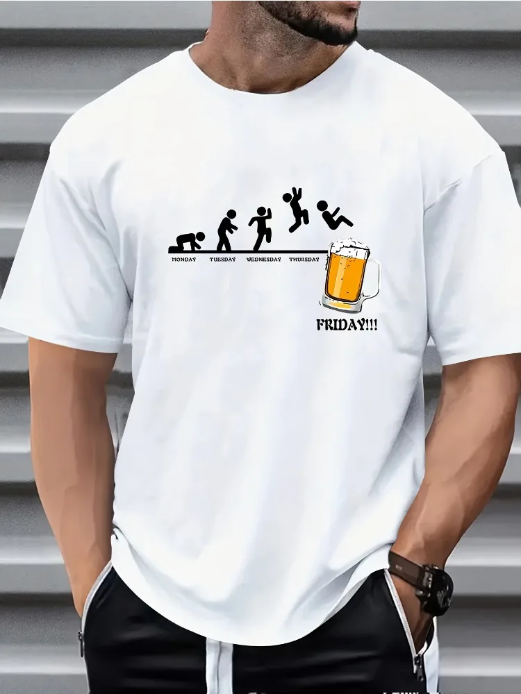 T-shirt d'été pour homme à col rond, motif graphique amusant 'Friday Beer Evolution', coupe décontractée et tendance, idéal pour les fêtes du week-end et le quotidien