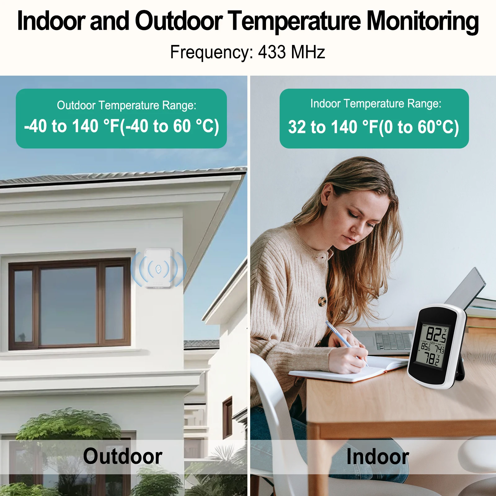 Беспроводной цифровой термометр -40 ℃ ~60 ℃   Широкий диапазон 60-х годов, автоматическое обновление, настенное крепление/подставка, легко читаемый ЖК-экран для домашнего офиса, сада
