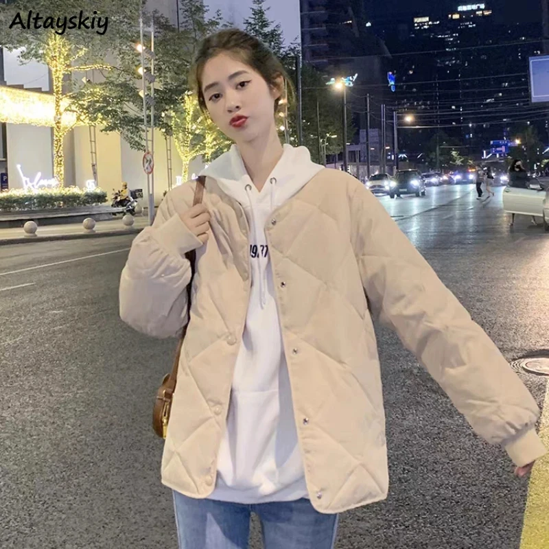 Korean Style Basic Parkas Women Winter Loose Vintage Youth Simple Quilted Harajuku Unisex O-neck Gentle Ulzzang Coats All-match