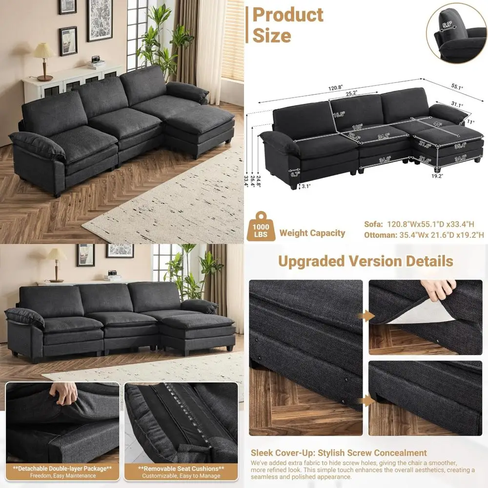 Modular Sectional Sofa Set for Living Room, 3-Seat Convertible Loveseat in Modern Linen Style with Ottoman