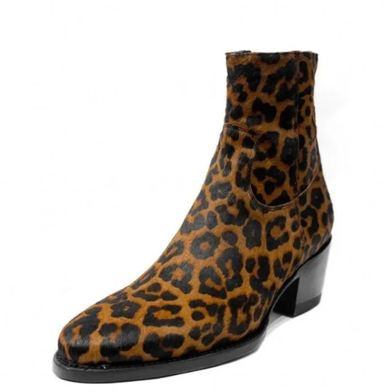 Brown Leopard Print Genuine Leather Mens Ankle Boots Fashion High top Zipper Boots Men Shoes Hombre Sapatos Big Size 38-46