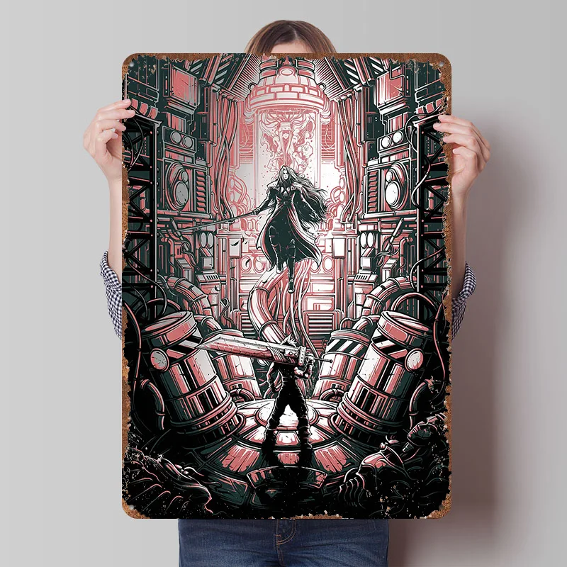 Cloud Strife With Buster Sword Tinplate Poster Customized Wall Art Vintage Retro Metal Signs for Office Decoration Room Man Cave