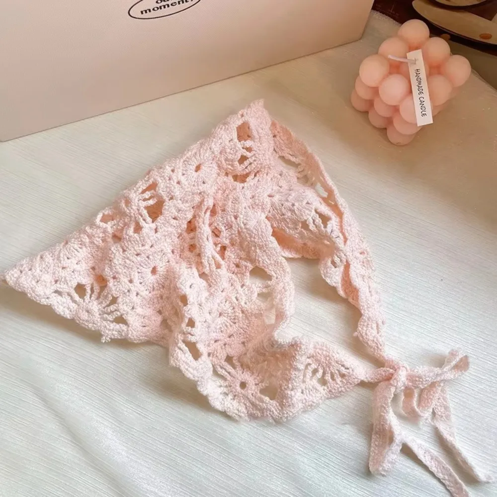 Retro Handmade Knitted Headscarf Hat Triangle Hollowed Crochet Headband Sunshade Flower Headscarf Beach Photography