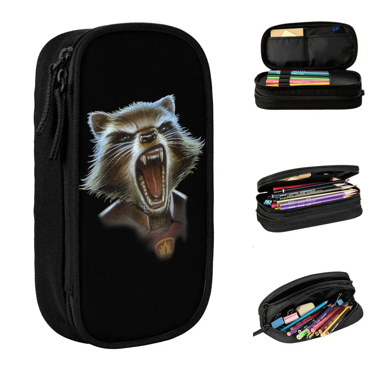 Estuches para lápices Guardianes de la galaxia, estuche para bolígrafos con cara de cohete y primer plano, material escolar de gran capacidad para niña y niño, estuches para lápices con cremallera