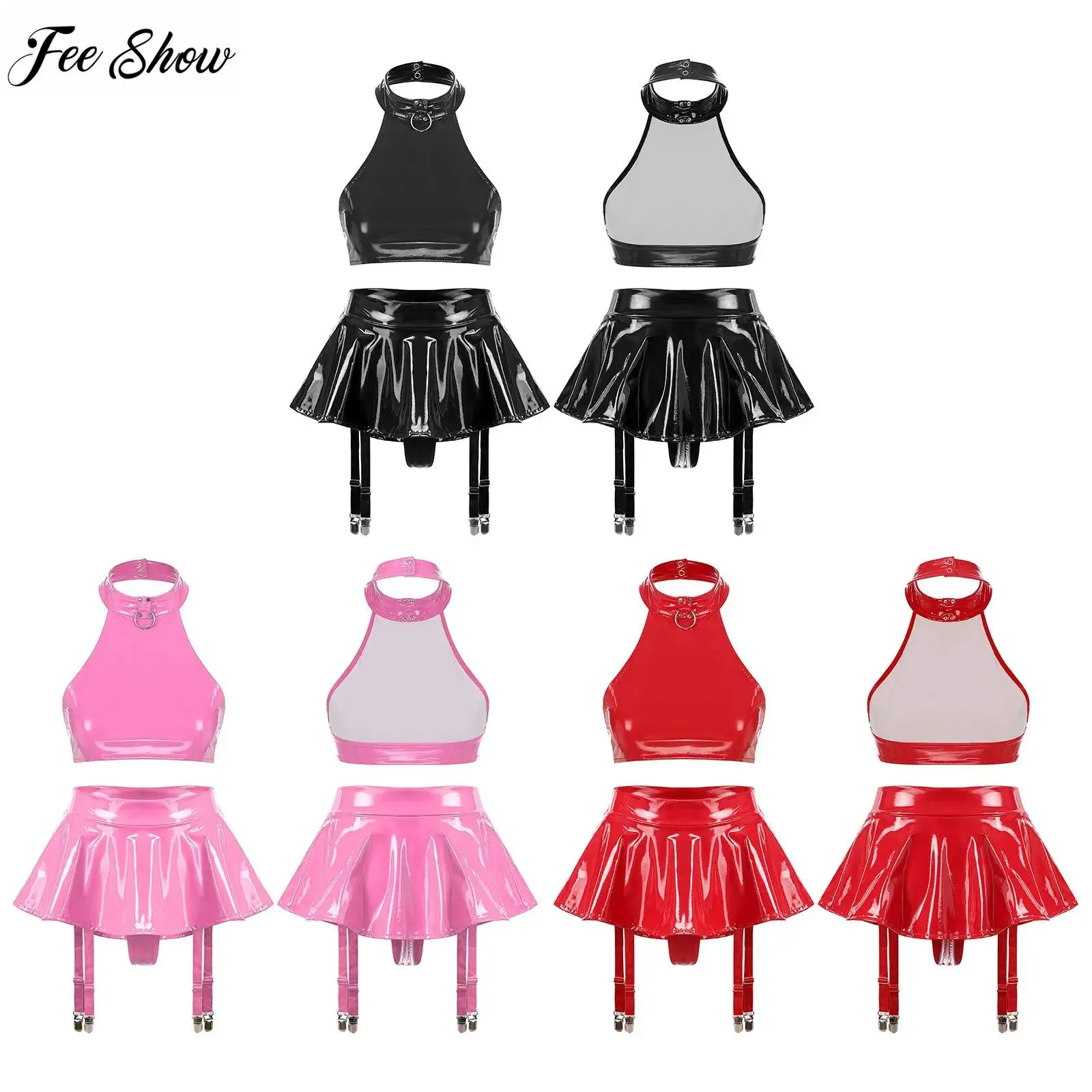 

Womens 2 Piece Rave Outfits Patent Leather Lingerie Set Nightclub Crop Top with Built-in Thongs Ruffle Miniskirt