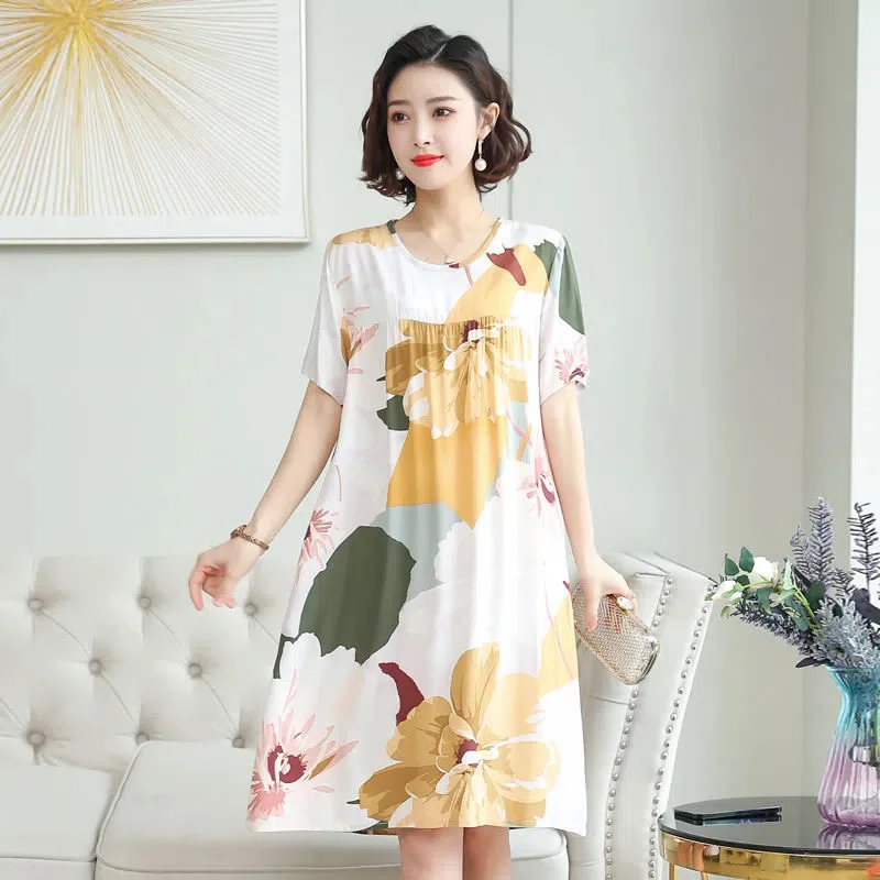 Middle-Aged and Elderly New Cotton Silk Nightgown Homewear Women\'s Summer Pajamas Dress Large Size Pajamas Homewear Mom Clothing