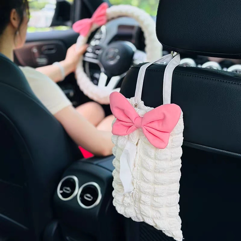 Cute Pink Bow Car Tissue Box Soft Puff Auto Seat Headrest Hanging Paper Tower Holder Organizer Bag Car Interior Accessories
