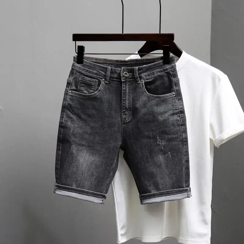 

2025 Summer New Denim Shorts Men's Slim-fitting Small Feet Men's Clothing Trendy Brand Elastic Small Straight Five-point Pants