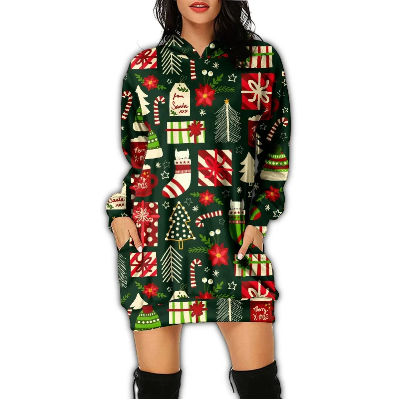 

Women Autumn and Winter Fashion New Hooded Pullover Christmas Party Printing Pockets Splicing Loose Casual Long-sleeved Dress