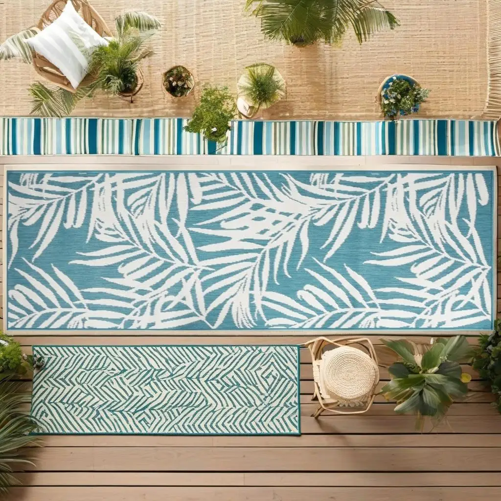 Reversible Outdoor Rug 80x250 cm - Aqua & White Stylish Patio Mat for Garden Decking