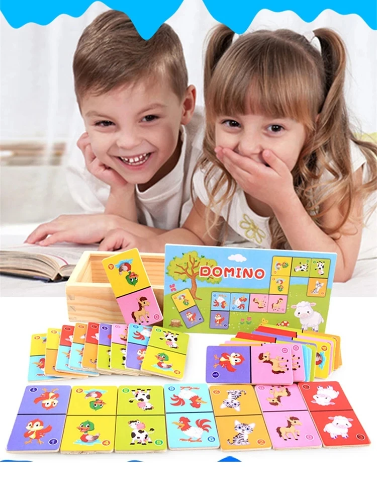 Blocs de construction de dominos en bois Montessori, Solitaire cognitif d'animaux, planche de Puzzle, jouets éducatifs pour enfants, éducation précoce