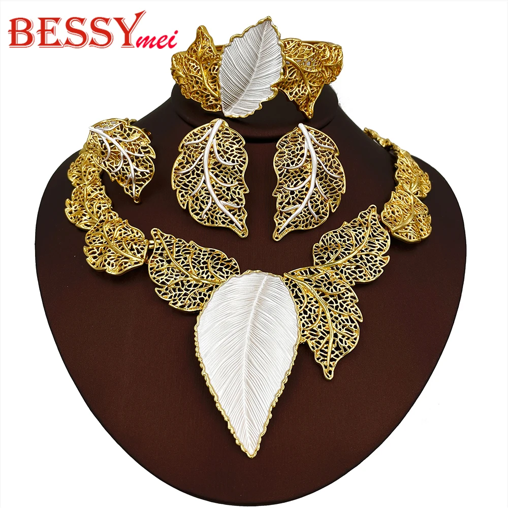 

Полный комплект ювелирных украшений из 18-каратного золота, дизайн в форме листа, высококачественные свадебные украшения для женщин, подарки на вечеринку.