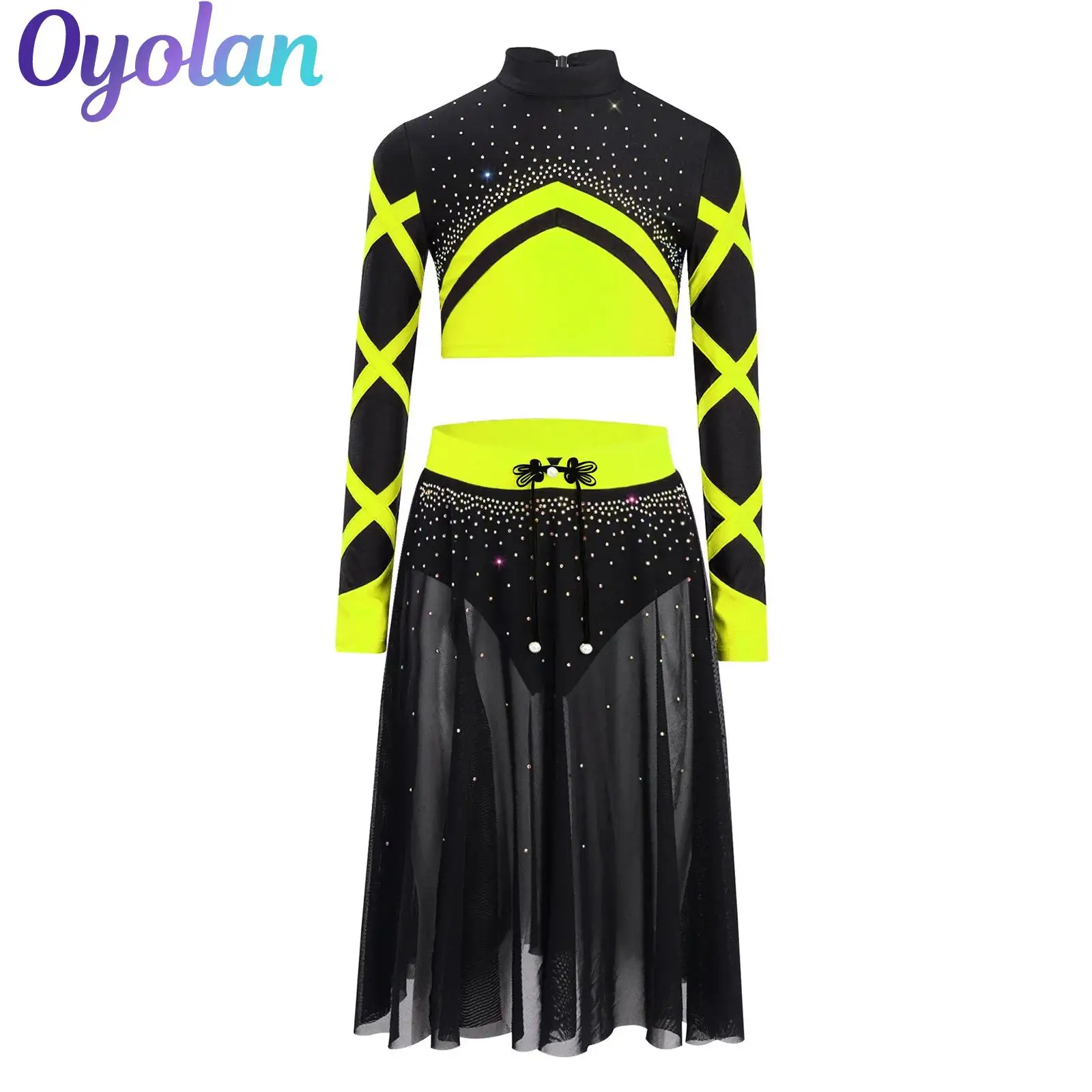 Crianças meninas strass brilhantes ginástica patinação artística ballet dança roupa desempenho traje colheita superior com saia lateral dividida