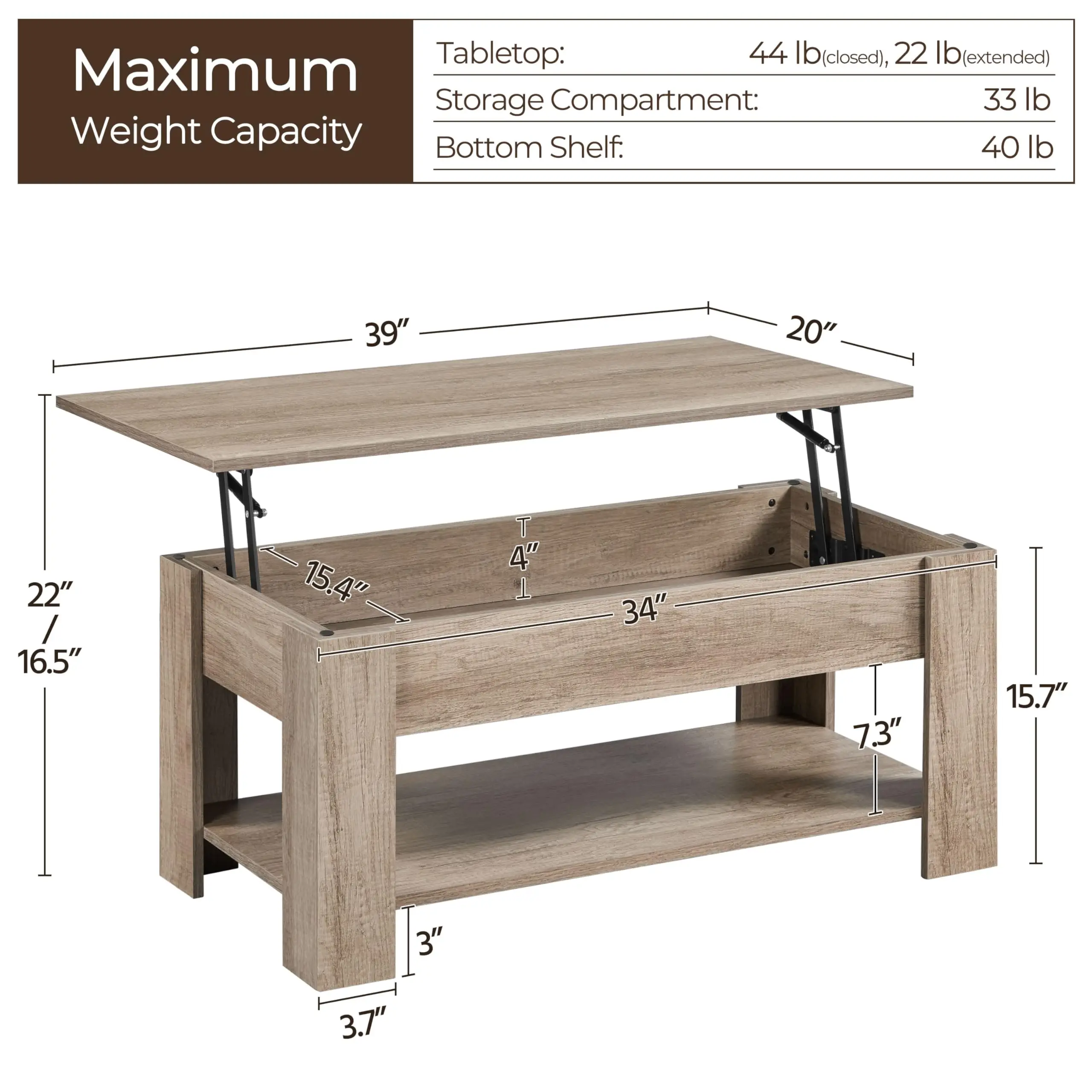Lift Top Coffee Table, Rising Tabletop Desk with Hidden Storage Compartment and Open Storage Shelf, Multifunctional, Grey