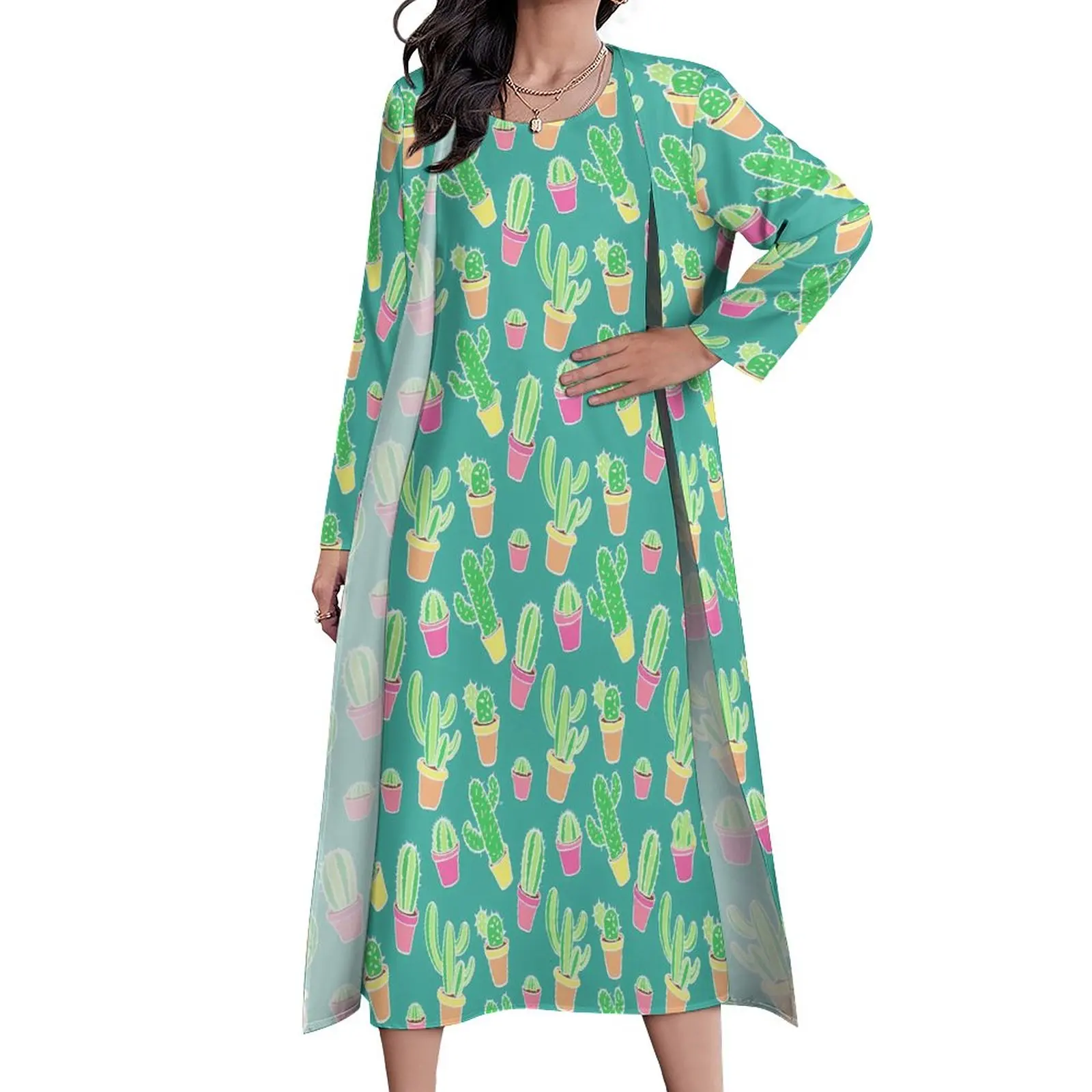 Neon Cactus Dress Spring Cute Plants Print Street Style Boho Beach Long Dresses Female Graphic Beach Maxi Dress Big Size 5XL